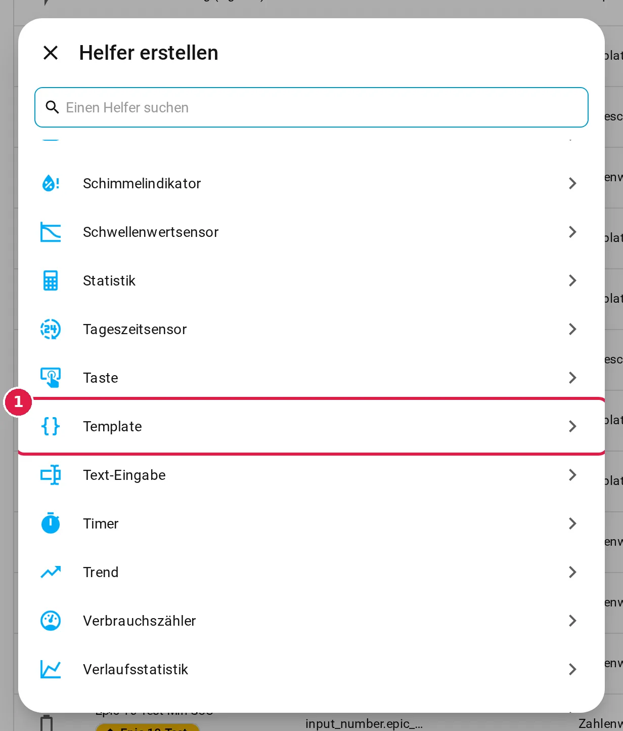 Home Assistant, Dialog Helfer erstellen, Eintrag Template markiert