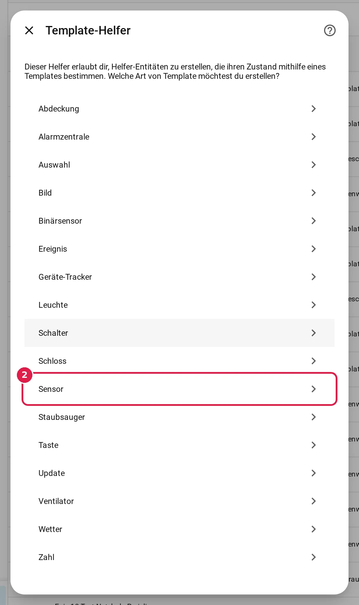 Home Assistant, Template-Helfer, Auswahl der Template-Art, Sensor markiert