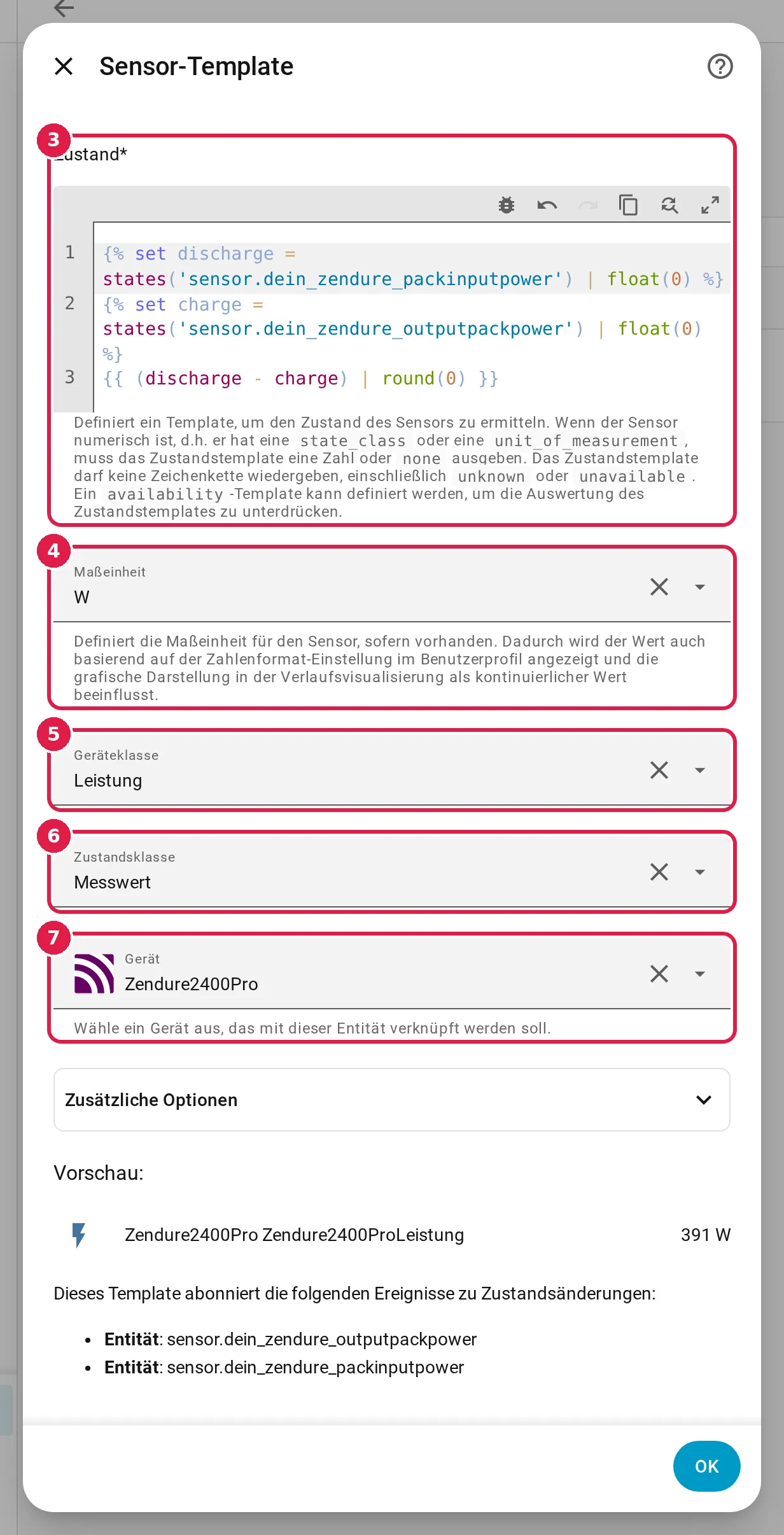 Home Assistant, Sensor-Template mit markiertem Zustandstemplate, Maßeinheit W, Geräteklasse Leistung, Zustandsklasse Messwert und Gerät