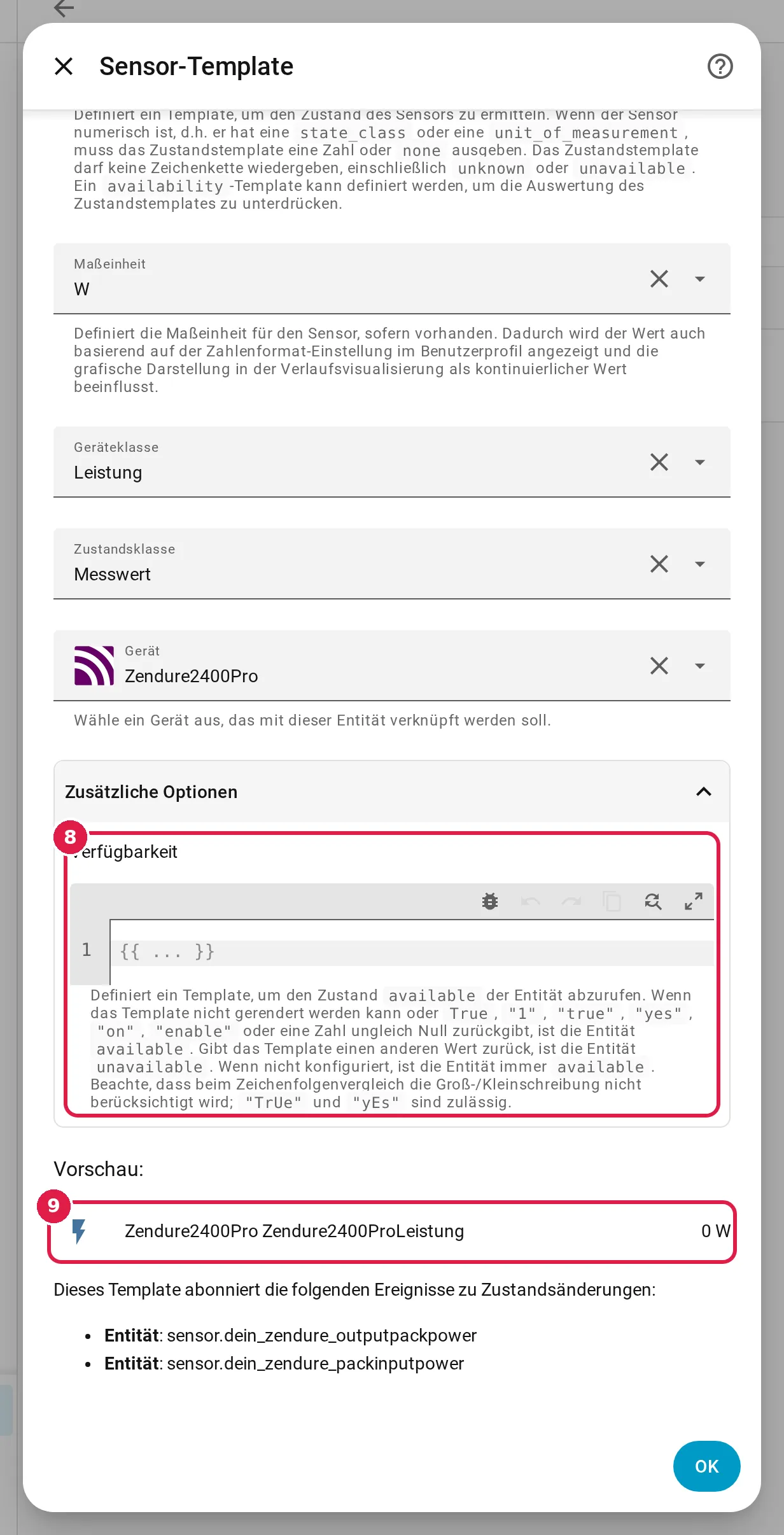 Home Assistant, Sensor-Template mit aufgeklappten zusätzlichen Optionen, Feld Verfügbarkeit und Vorschau markiert